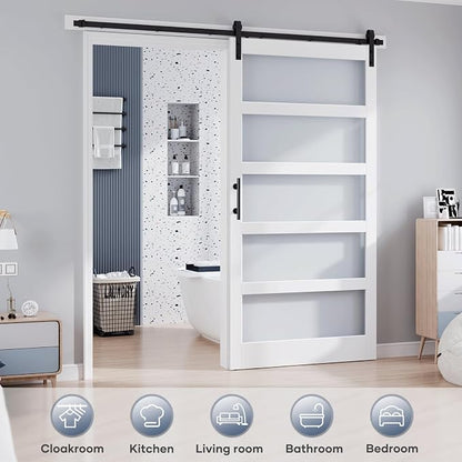 48x96 Inch Glass Sliding Barn Door Slab and 8ft Hardware Kit Included, 5 Frosted Glass, LVL Wood Panel Covered with White Water-Proof Scratch-Proof PVC Surface, Simple DIY Assembly