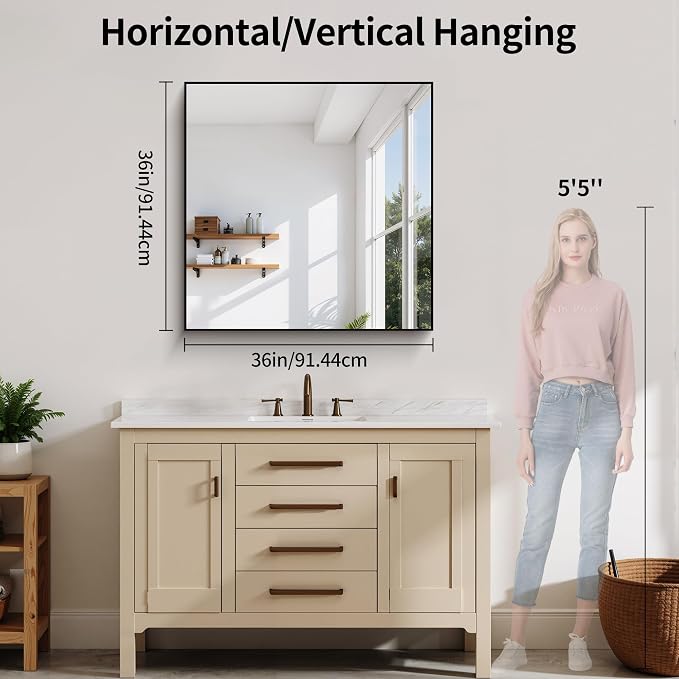 YIROMAN Bathroom Mirror 36"x36",Black Bathroom Mirrors for Over Sink with Aluminum Frame, Square Vanity Mirror with Right Angle, Wall Mirror for Oversink, Vanity, Bedroom, Living Room