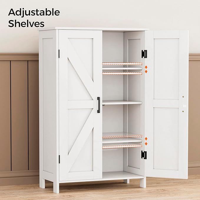 Farmhouse Bathroom Cabinet with Adjustable Shelves, Free-Standing Storage Cabinet with Barn Doors, for Kitchen, Living Room, Dining Room, Entryway, White