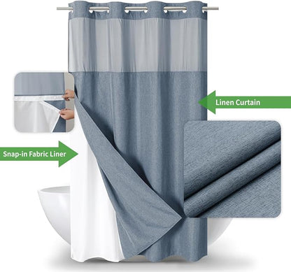 eachope No Hook Linen Texture Shower Curtain and Liner Set,54x80 Blue Grey | 230GSM Thick Fabric,Hotel Luxury Decor,Mesh Top Window,Waterproof & Machine Washable,for Shower Stall or Bathroom