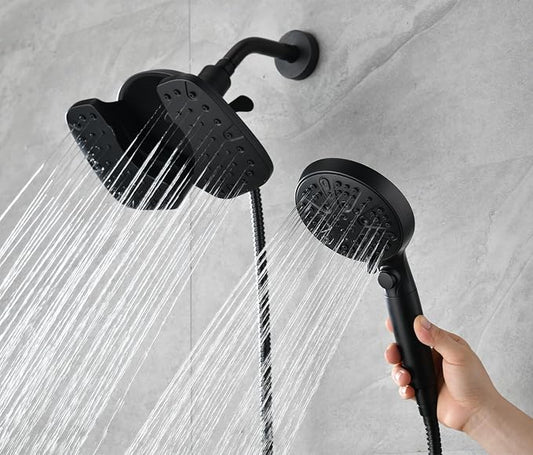 Rain Shower Head with Filtered Handheld Spray Combo Black 2.5 GPM | 10” Rainfall Showerhead with 9-Spray Detachable Handheld, High Pressure, ON/OFF Switch, 15-Stage Filter, Jet for Cleaning