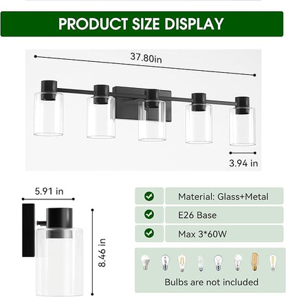 5-Light Modern Vanity Light Fixtures Over Mirror, Matte Black Bathroom Light Fixtures, Vanity Lights, Wall Sconce with Clear Glass Shade for Bathroom, E26 Base