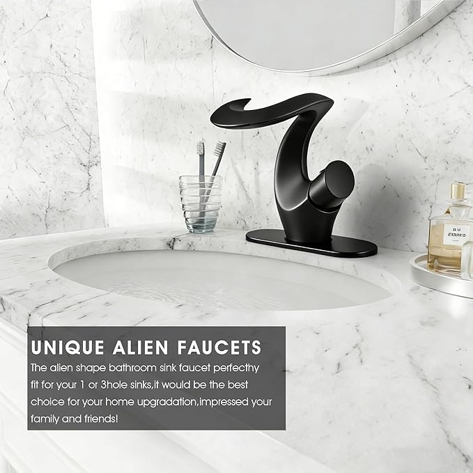Elegant Alien Matte Black Bathroom Sink Faucet Single Hole,AUU Waterfall Black Vanity Sink Faucet Solid Brass,Single Handle Basin Tap with Pop Up Drian&Deck Plate