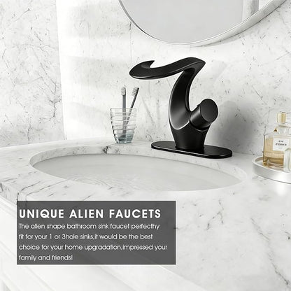 Elegant Alien Matte Black Bathroom Sink Faucet Single Hole,AUU Waterfall Black Vanity Sink Faucet Solid Brass,Single Handle Basin Tap with Pop Up Drian&Deck Plate