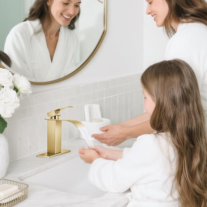 Brushed Gold Bathroom Faucets, Waterfall Bathroom Sink Faucet Single Handle Bathroom Faucet for 1 or 3 Hole, Mixer Tap Vanity Faucet with Deck Plate, Pop-up Drain and Supply Hoses