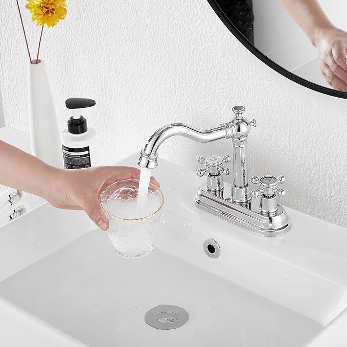 Chrome Bathroom Faucet GGStudy 2 Handles 4 Inches Centerset Bathroom Vanity with Drain Assembly and Supply Hose Lavatory Faucet Mixer Double Handle Tap