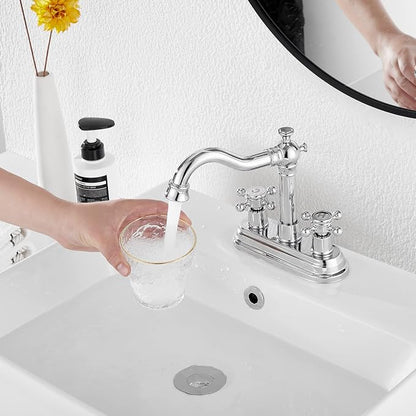 Chrome Bathroom Faucet GGStudy 2 Handles 4 Inches Centerset Bathroom Vanity with Drain Assembly and Supply Hose Lavatory Faucet Mixer Double Handle Tap