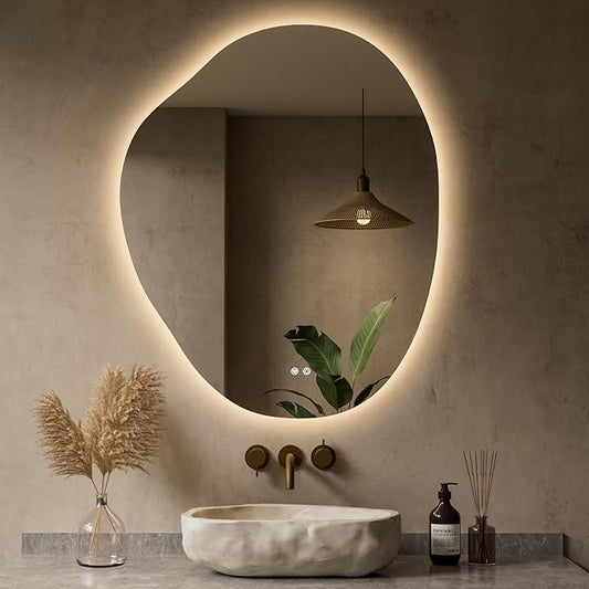 Keonjinn Asymmetrical Backlit Mirror 30x36 Inch, Irregular LED Bathroom Mirror, Lighted Bathroom Mirror with 3 Colors, Stepless Dimmable, Anti-Fog, Frameless Lighted Vanity Mirror(Horizontal/Vertical)