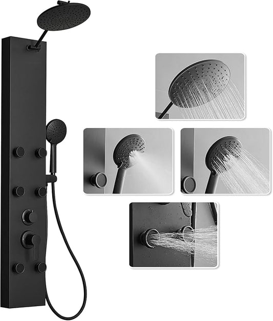 Black Shower Panel Tower System with Rainfall Shower Head, 304 Stainless Steel Shower Panels System with 9-inch Rainfall Shower 6 Rain Massage Body Jets for Bathroom Lavatory Wash