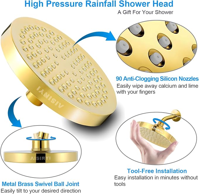 6" High Pressure Rain Shower Head, Luxury Gold Plated Finish | 6 Inch Fixed Bathroom Showerhead, Adjustable Replacement, 90 Anti-Clog Nozzles, Removable Restrictor, Tool-Free Easy Install