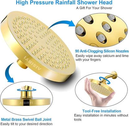 6" High Pressure Rain Shower Head, Luxury Gold Plated Finish | 6 Inch Fixed Bathroom Showerhead, Adjustable Replacement, 90 Anti-Clog Nozzles, Removable Restrictor, Tool-Free Easy Install