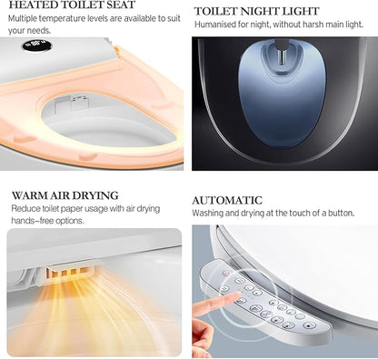 Fixing Side Panel Control Elongated Bidet Toilet Seat with Warm Water Wash, Air Dryer, Heated Seat, LED Display, Self-Cleaning Nozzle, Night Light & Multiple Cleaning Modes