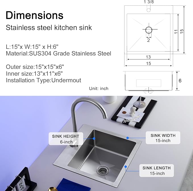 15"x15" Drop-In Single Bowl Bar Sink T-304 Stainless Steel 1-Hole | 15 inch Drop-in Sink | T-304 SS Square Sink| 1 Faucet Hole | 2" Drain Hole | Handmade | Camper/Boat/Small Kitchen
