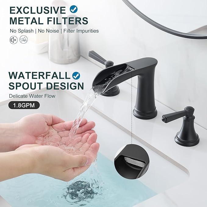 8 Inch Matte Black Bathroom Faucet 3 Hole, Brass Waterfall Bathroom Sink Faucet Widespread 2 Handle with Pop up Drain & Pre-Installed cUPC Supply Lines for Lavatory, 10 Mins Quick Install