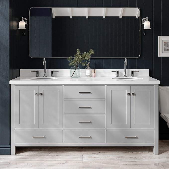 ARIEL Cambridge 72-inch Bathroom Vanity with Sink,Solid Wood, 1.5-inch Pure White Quartz Countertop & Backsplash, Double Oval Porcelain Sink, 4 Soft Closing Doors, 6 Dovetail Drawers, Grey