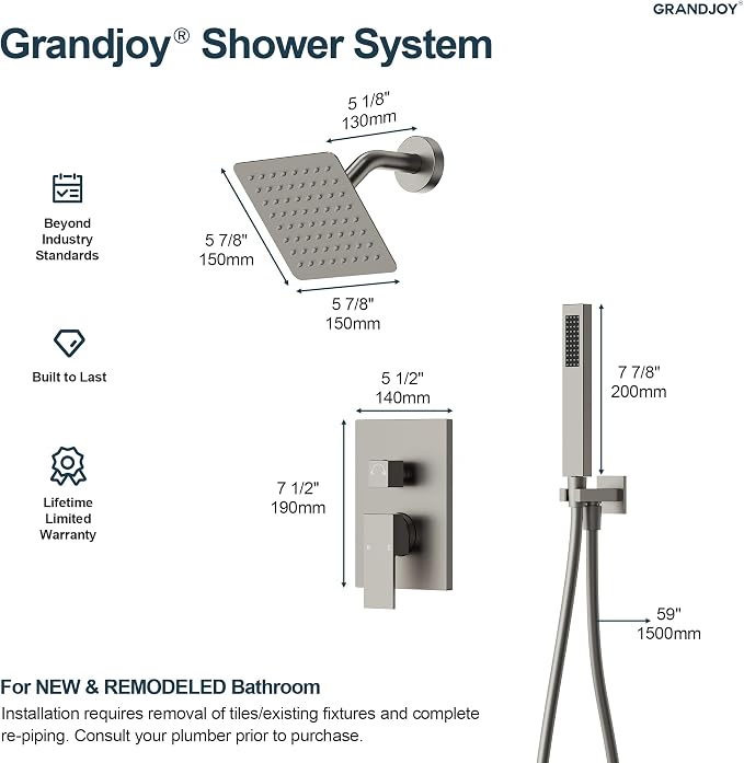Wall Mount Shower System with Handheld Shower, Brushed Nickel | 6-inch rain head, pressure-balanced brass valve, 2-function control and included 59-inch hose