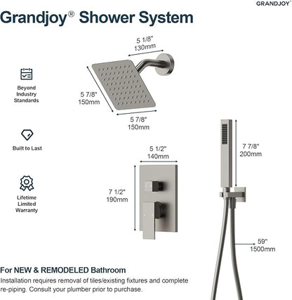 Wall Mount Shower System with Handheld Shower, Brushed Nickel | 6-inch rain head, pressure-balanced brass valve, 2-function control and included 59-inch hose