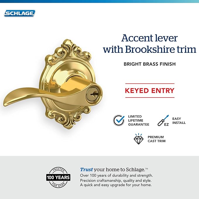 SCHLAGE Accent Lever with Brookshire Trim Keyed Entry Lock in Bright Brass