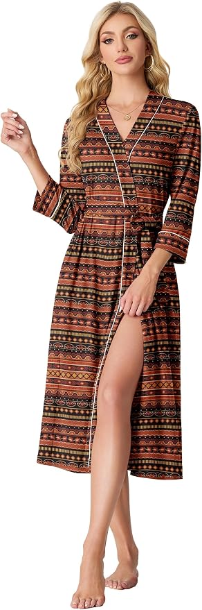 PrinStory Robes for Women 3/4 Sleeve Long Bath Robe XS-4XL | V-Neck Knit Bathrobe with Pockets, Lightweight, Soft, Breathable Robes for Shower, Spa, Travel, Home, Party, Nursing