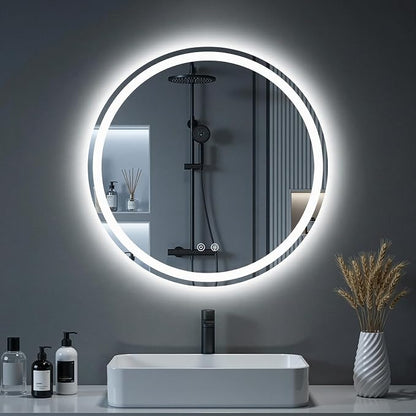NEWBULIG 28'' Round LED Bathroom Mirror with Lights, Circle Vanity Mirror | Anti-Fog, Dimmable, 3-Color Light, Front Light and Backlit, Memory Function, Tempered Glass