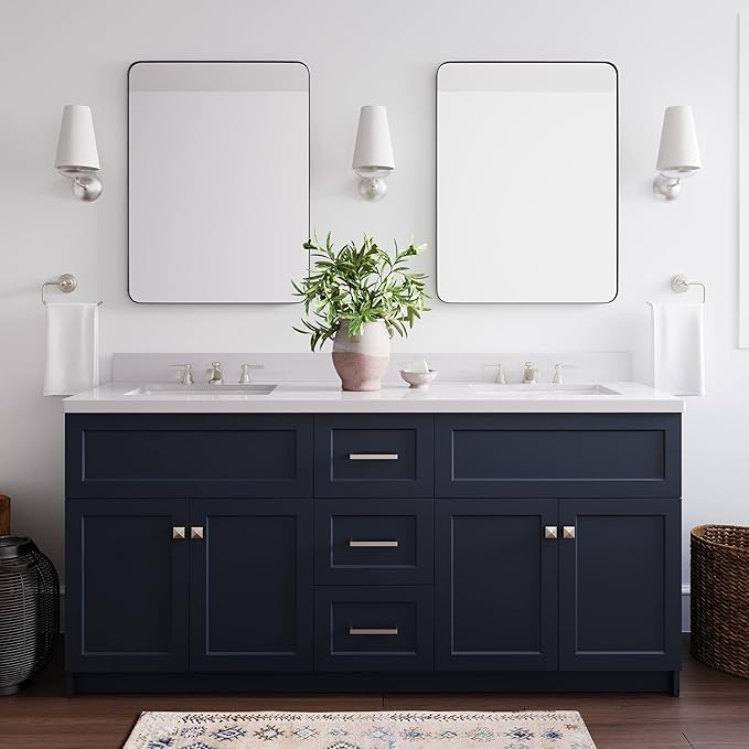 ARIEL Hamlet 72-inch Bathroom Vanity with Sink,Solid Wood, 1.5-inch Pure White Quartz Countertop & Backsplash, Double Oval Porcelain Sink, 4 Soft Closing Doors, 3 Dovetail Drawers, Black