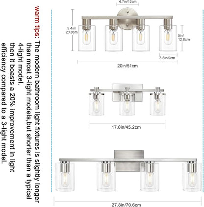 4 Light Bathroom Vanity Light, Brushed Nickel 4-Light Bathroom Light Fixtures, Vanity Lights for Make-Up Mirror, Modern Lighting Fixtures with Clear Glass Shade for Bedroom Living Room