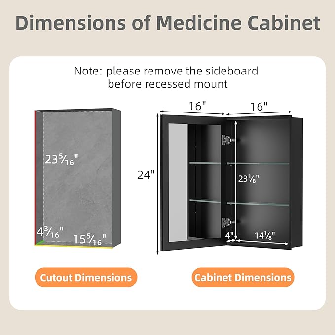 16x24 Inch Medicine Cabinet with Mirror, Aluminum Bathroom Mirror Cabinet, Beveled Edge Mirrored Single Door, Adjustable Shelves, Surface or Recessed Mount Mirrors with Storage, Black