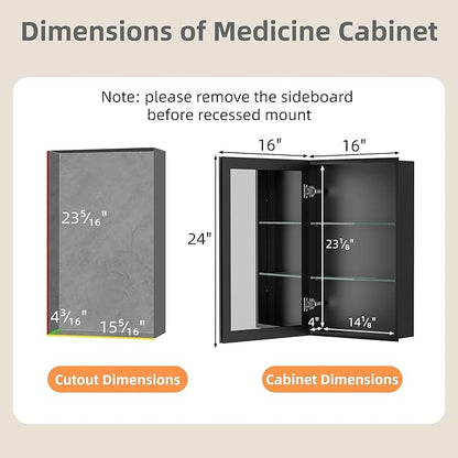 16x24 Inch Medicine Cabinet with Mirror, Aluminum Bathroom Mirror Cabinet, Beveled Edge Mirrored Single Door, Adjustable Shelves, Surface or Recessed Mount Mirrors with Storage, Black
