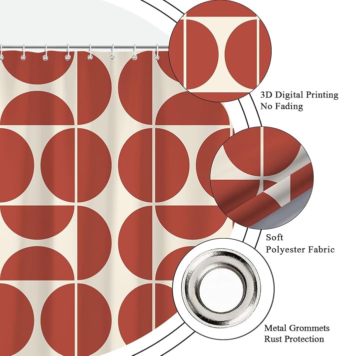 Red Brown Mid Century Modern Shower Curtain, Boho Abstract Geometric Retro Art Shower Curtains for Bathroom, Colorful Unique Pattern Polyester Fabric Shower Curtain Set 12 Hooks 72X72IN