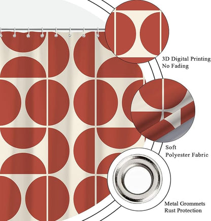 Red Brown Mid Century Modern Shower Curtain, Boho Abstract Geometric Retro Art Shower Curtains for Bathroom, Colorful Unique Pattern Polyester Fabric Shower Curtain Set 12 Hooks 72X72IN