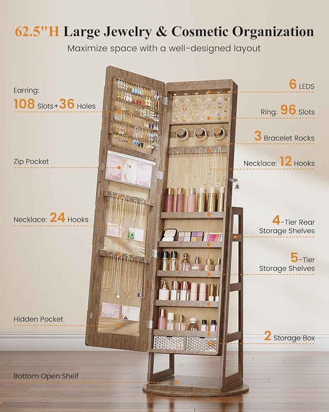 LVSOMT Standing Jewelry Mirror Organizer 6 LED Swivel Jewelry Cabinet Wood | Framelss Full Length Mirror with Jewelry Storage, Lockable Jewelry Armoire with 4 Rear Shelves and Hooks for Women Gift