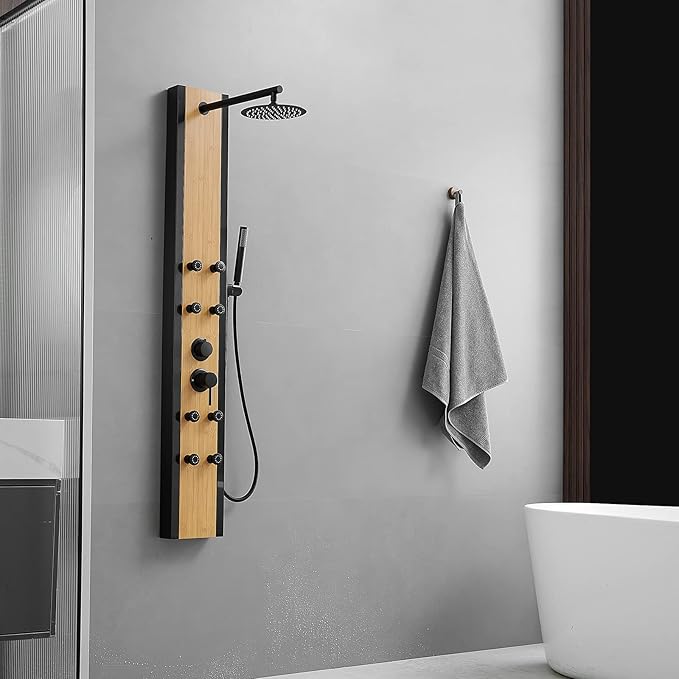 BWE Shower Massage Panel Black 8-Jet Multifunction Shower Panel System Bamboo Wood and Stainless Steel Panel with Handheld Wand Wall Mount Shower Column