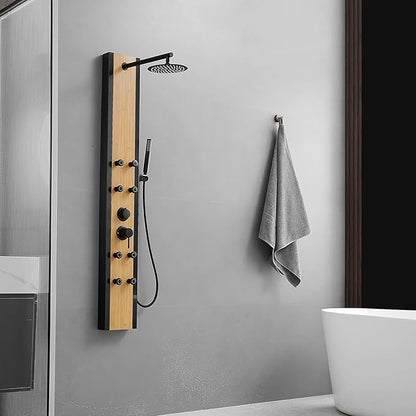 BWE Shower Massage Panel Black 8-Jet Multifunction Shower Panel System Bamboo Wood and Stainless Steel Panel with Handheld Wand Wall Mount Shower Column
