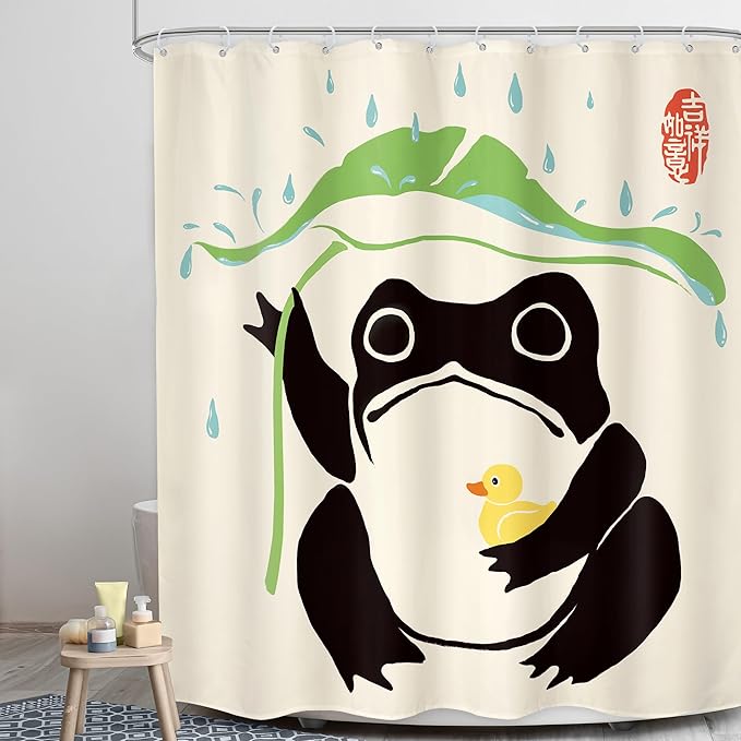 LGhtyro Funny Frog Shower Curtain Bathroom Set 71Wx78H Inches Asian Duck Traditional Art Japanese Cute Animal Taking Lotus Leaf Rain Bath Accessories Black Green Art Home Decor Fabric 12 Pack Hooks
