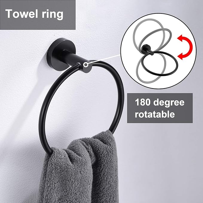 Matte Black Flip Toilet Paper Holder and Hand Towel Ring Set 2 Pieces Bathroom Hardware Accessories Set SUS 304 Stainless Steel Heavy Duty Wall Mounted Bathroom Holder