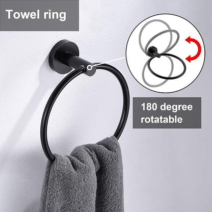 Matte Black Flip Toilet Paper Holder and Hand Towel Ring Set 2 Pieces Bathroom Hardware Accessories Set SUS 304 Stainless Steel Heavy Duty Wall Mounted Bathroom Holder