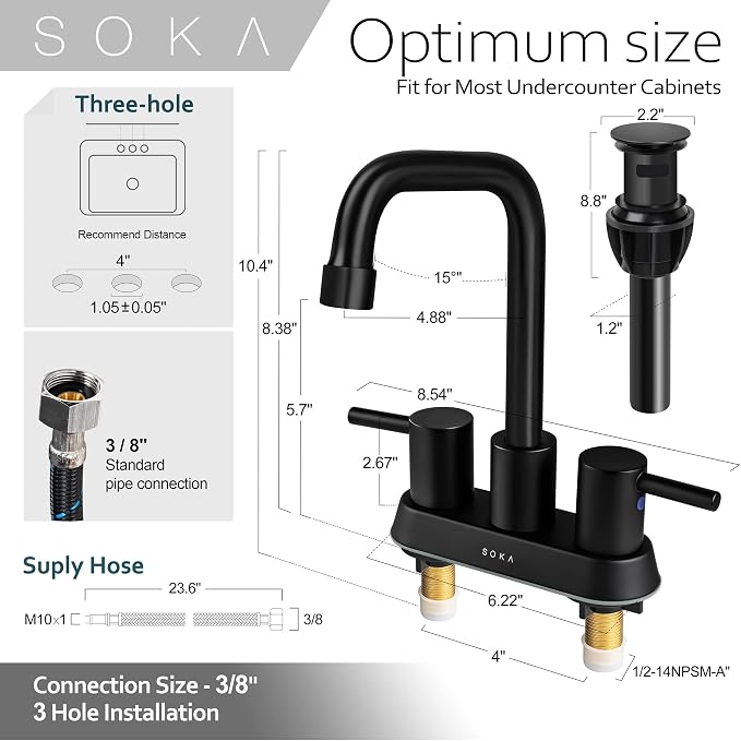 SOKA Centerset Bathroom Faucet 2 Handles 4 Inch Commercial Hand Sink Touch Faucets 3 Hole Bathroom Sink Faucet