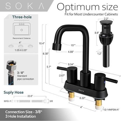 SOKA Centerset Bathroom Faucet 2 Handles 4 Inch Commercial Hand Sink Touch Faucets 3 Hole Bathroom Sink Faucet