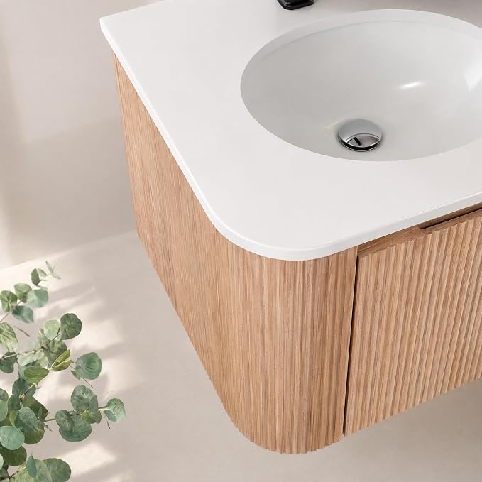 24 Inch Wall Mounted Bathroom Vanity with Ceramic Sink, Pre-Assembled Floating Vanity Cabinet with Marble Countertop, Wave Texture Finish & Drawer, Wood