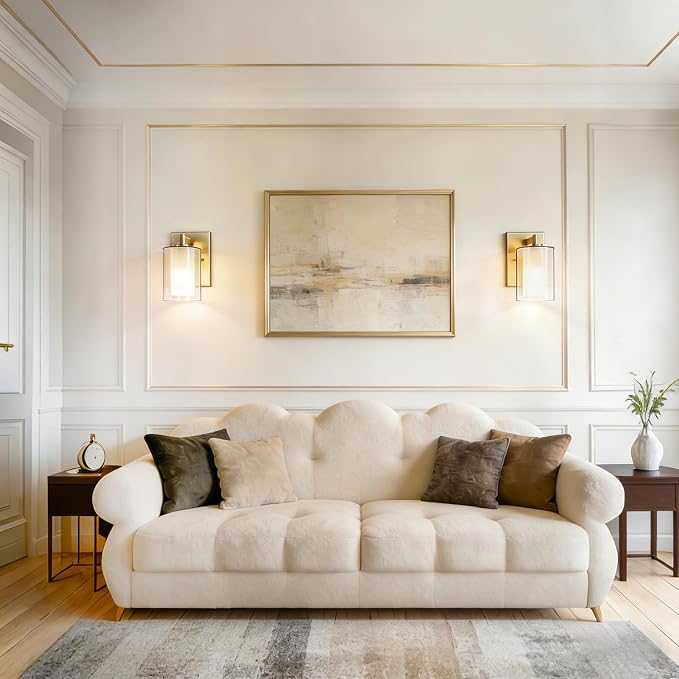Wall Sconces Set of Two, Modern Gold Vanity Wall Lights | Double Clear Glass Shades With E26 Base, Farmhouse Wall Lights For Bathroom, Bedroom, Living Room, Mirror And Hallway.