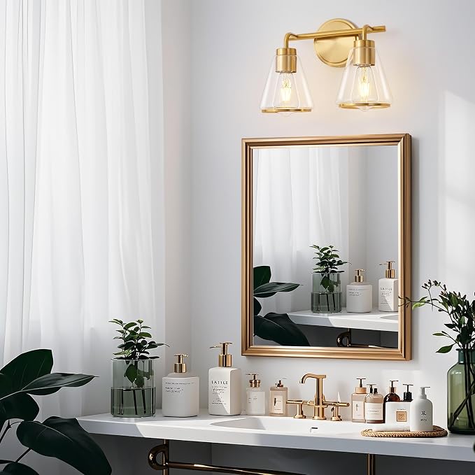 14" 2-Light Brushed Gold Modern Bathroom Vanity Light Fixtures Over Mirror | Clear Glass Shade, Heat-Resistant Ceramic E26 Socket, Wall Sconces, Rustproof, Fit 16–22 Inch Mirrors for Vanity Table