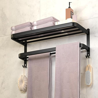 DDS-DUDES 15 Inch Black Towel Racks for Bathroom Towel Shelf with Double Towel Bars Lavatory Wall Mount Holder with Hooks Stainless Steel Hotel Bath Rack (Matte Black)