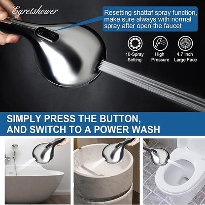 Shower Head with Handheld,High Pressure 10 Spray Modes Showerhead,Chrome | 4.7”Detachable Showerhead Set with 5ft Hose, Adjustable Bracket and Built-in Power Wash to Clean Tub, Tile & Pets - Chrome