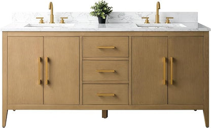 Vanity Art 72 inch Bathroom Vanity with Double Sink & Ceramic Top, Vanity Cabinet with Soft-Closing Doors, Drawers, Solid Wood Frame, Natural Oak, Golden Brushed Handware