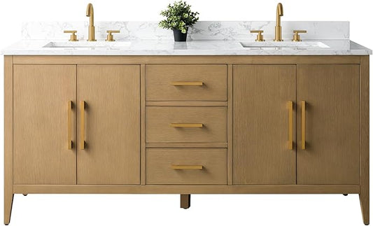 Vanity Art 72 inch Bathroom Vanity with Double Sink & Ceramic Top, Vanity Cabinet with Soft-Closing Doors, Drawers, Solid Wood Frame, Natural Oak, Golden Brushed Handware