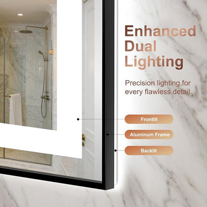 LED Bathroom Mirror with Lights, 24"x36" Black Framed Lighted Vanity Mirror | Anti-Fog, Dimmable 3 Color Temperature, Front & Backlit, Memory Function, Shatterproof Tempered Glass