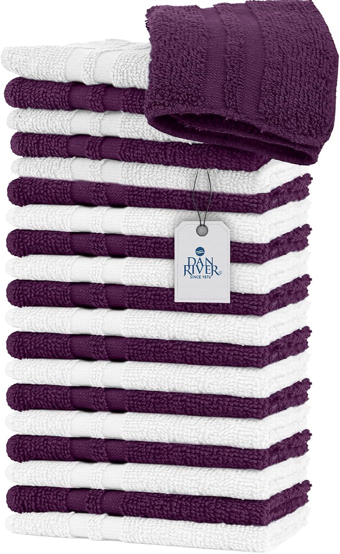 DAN RIVER 100% Cotton Washcloths 20 Pack Premium Quality Face and Body Cloth, Quick Dry Essential Towels for Bathroom, Hand, Kitchen & Cleaning, Baby Washcloths | 11X11 in|400 GSM|Purple Passion+White