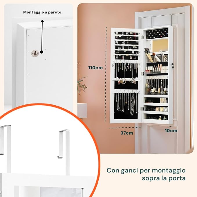 Avilia Jewellery Cabinet with Mirror 110 x 37 x 10 cm in Ultra Sturdy MDF - Space-Saving Jewellery and Accessories Organizer with Secure Key Lock, Wall or Door Mounting
