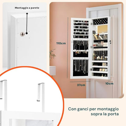 Avilia Jewellery Cabinet with Mirror 110 x 37 x 10 cm in Ultra Sturdy MDF - Space-Saving Jewellery and Accessories Organizer with Secure Key Lock, Wall or Door Mounting