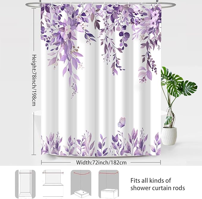 Purple Floral Eucalyptus Shower Curtain with Hooks, 72x78 Inch | Waterproof Fabric, Watercolor Leaves and Floral, Botanical Style, Machine Washable, Quick-Drying, for Hotel Bathroom